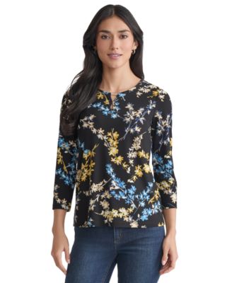 Jones New York - Women's Printed Embellished-Keyhole 3/4-Sleeve Top