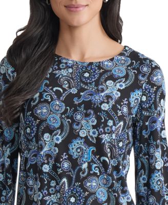 Women's Paisley-Print Puff-Sleeve Crewneck Top