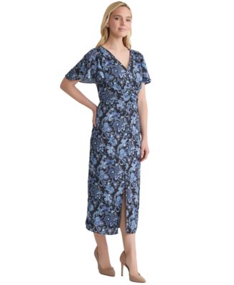 Women's Printed Shirred Flutter-Sleeve Midi Dress