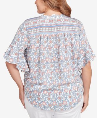 Plus Size Vintage Floral Tie Front Henley Top