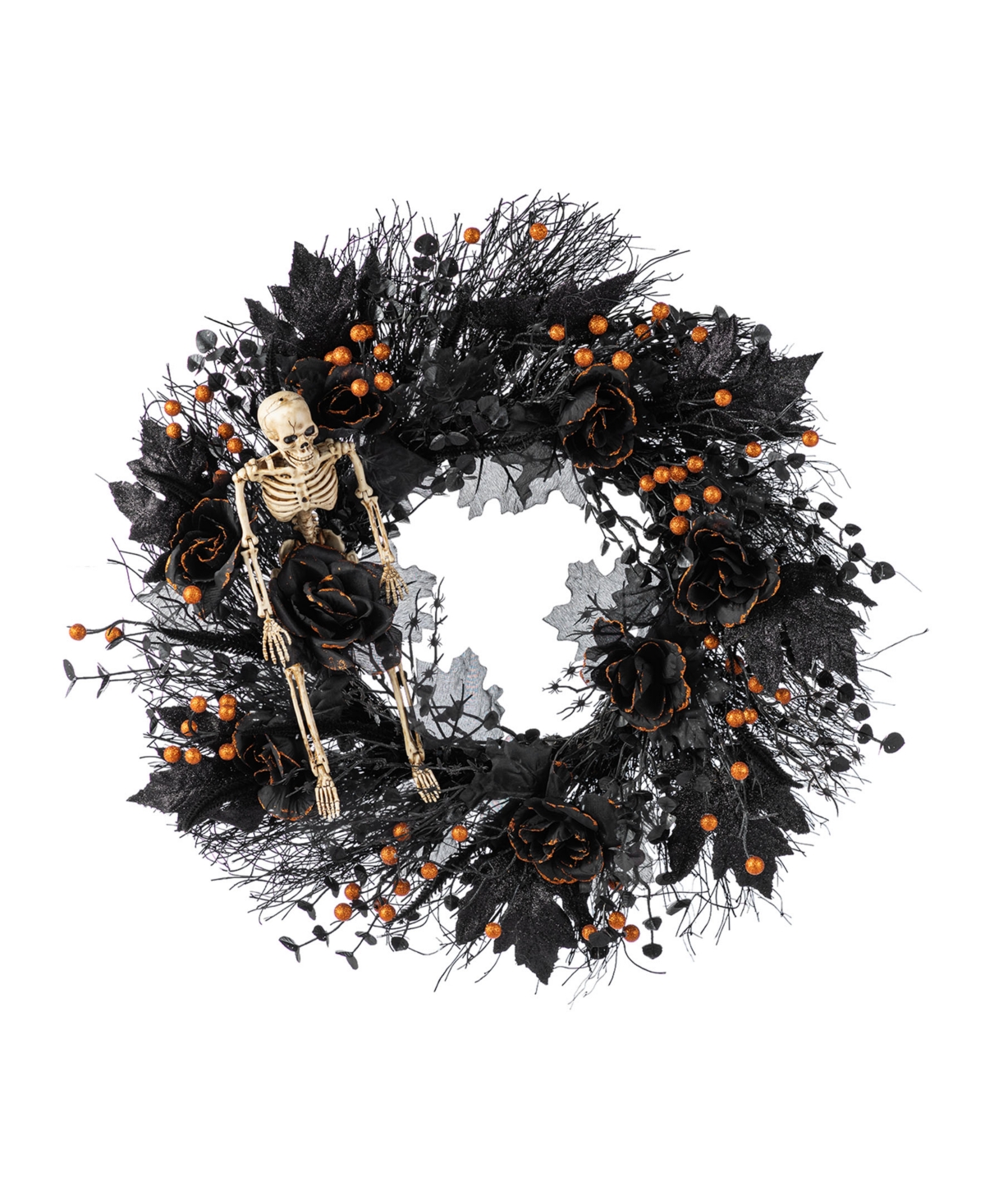 7" Halloween Black Rose, Skeleton and Berry Wreath Hanger - Multi