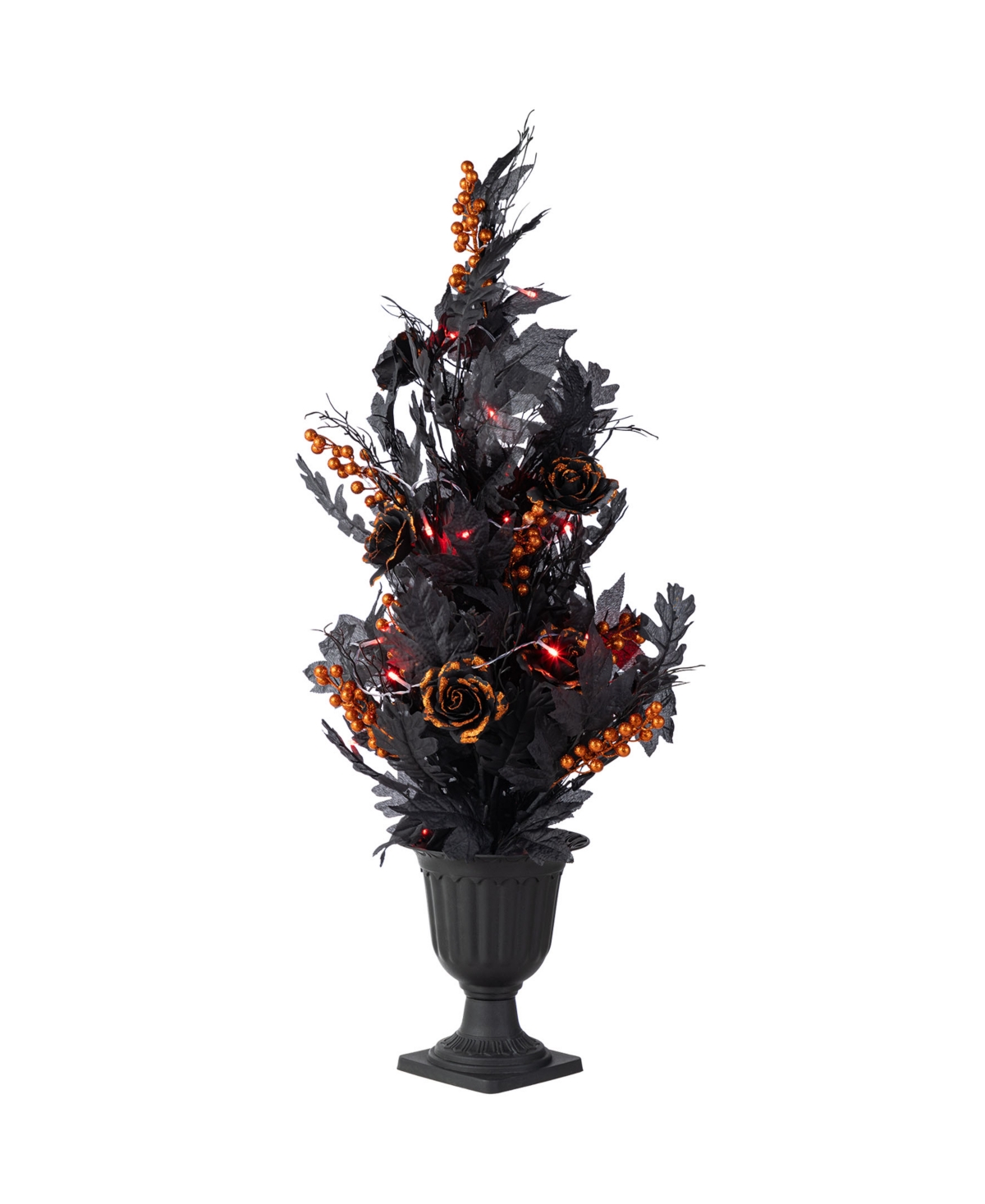 36" Halloween Lighted Black Rose with Orange Glitter Urn Porch Tree with Timer - Multi