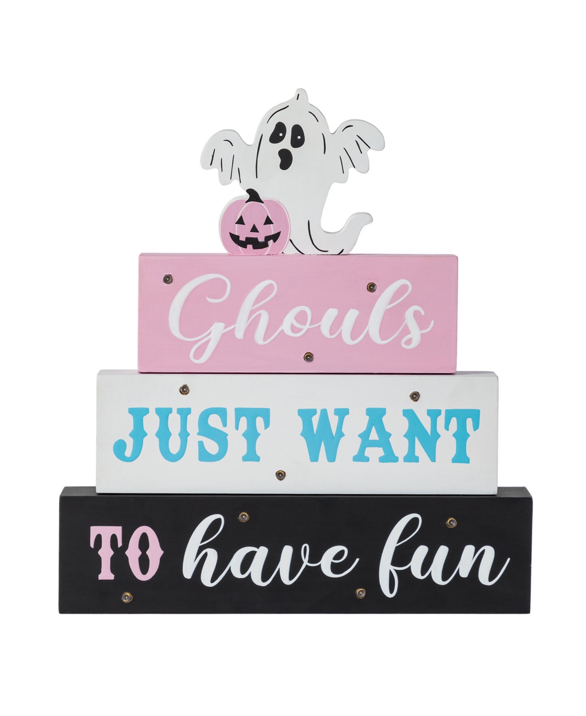 11.75" Halloween Lighted Pink Wooden Ghost Block Word Sign - Multi
