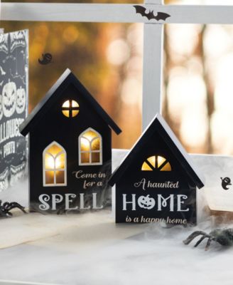 Lighted Halloween Wooden House-shaped Table Decor, Set of 2