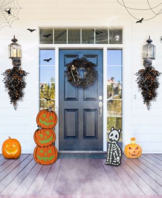 Halloween Wooden Skeleton Cat and Stacked Pumpkin Porch Decor, Set of 2