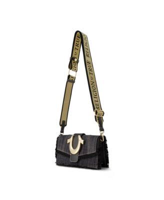 Frayed Denim Flap Bag with Logo Strap