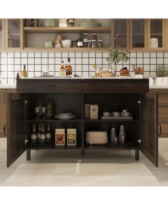 Wooden Storage Cabinet with Marble Pattern, Two Doors, Two Drawers and Pantry Function