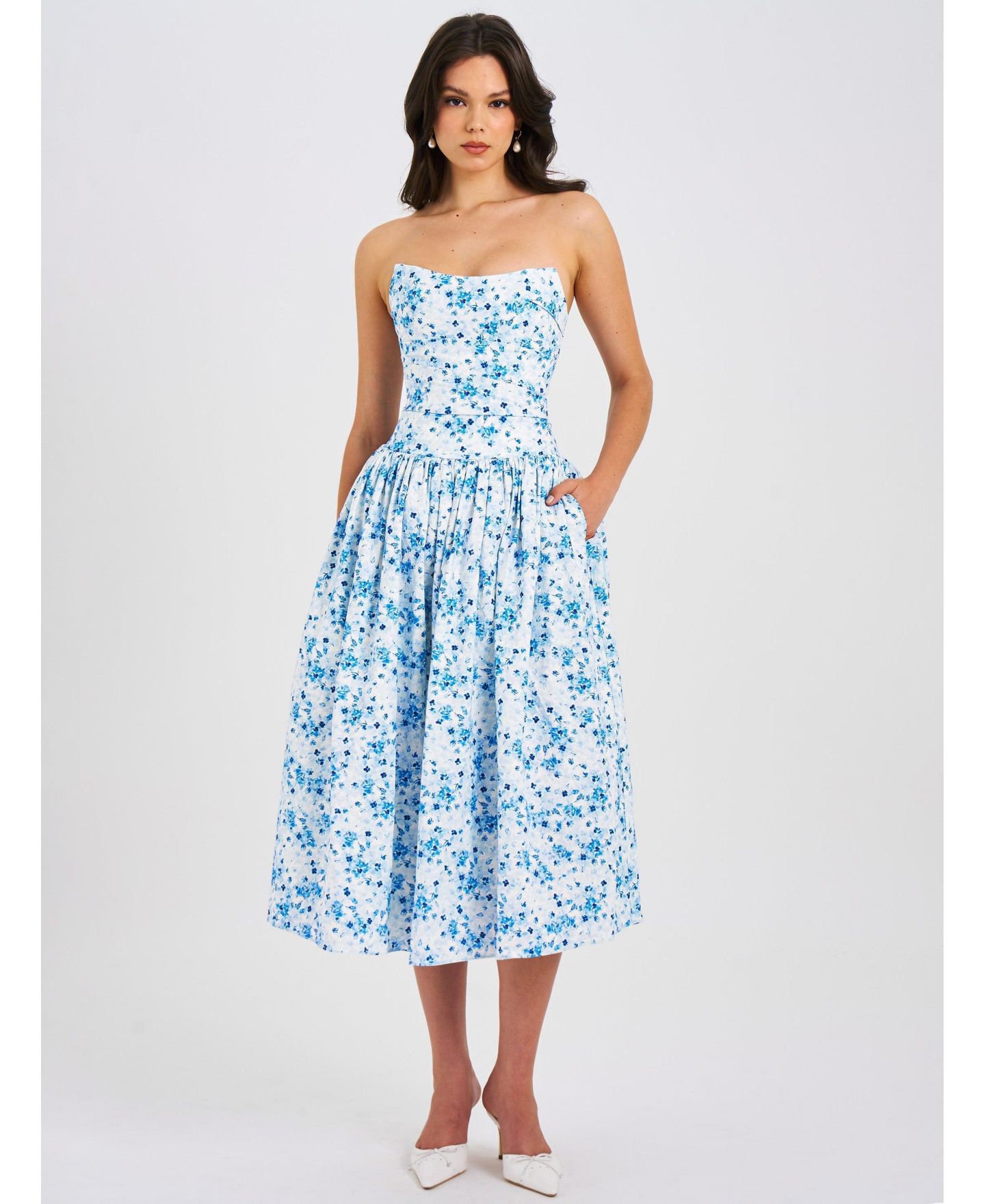 Женское платье Miss Circle Paloma Blue Print Linen Corset Draping Top Midi, цвет: Синий с принтом — фото 1