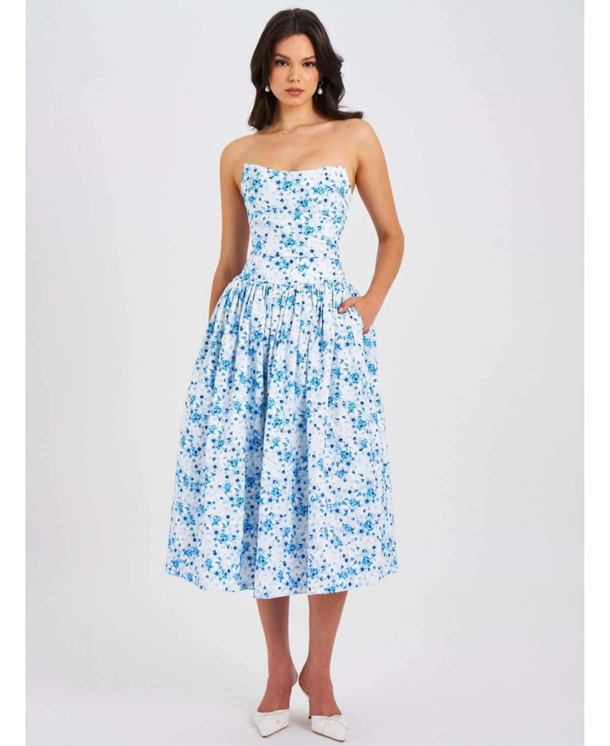Women's Paloma Blue Print Linen Corset Draping Top Midi Dress - Blue floral