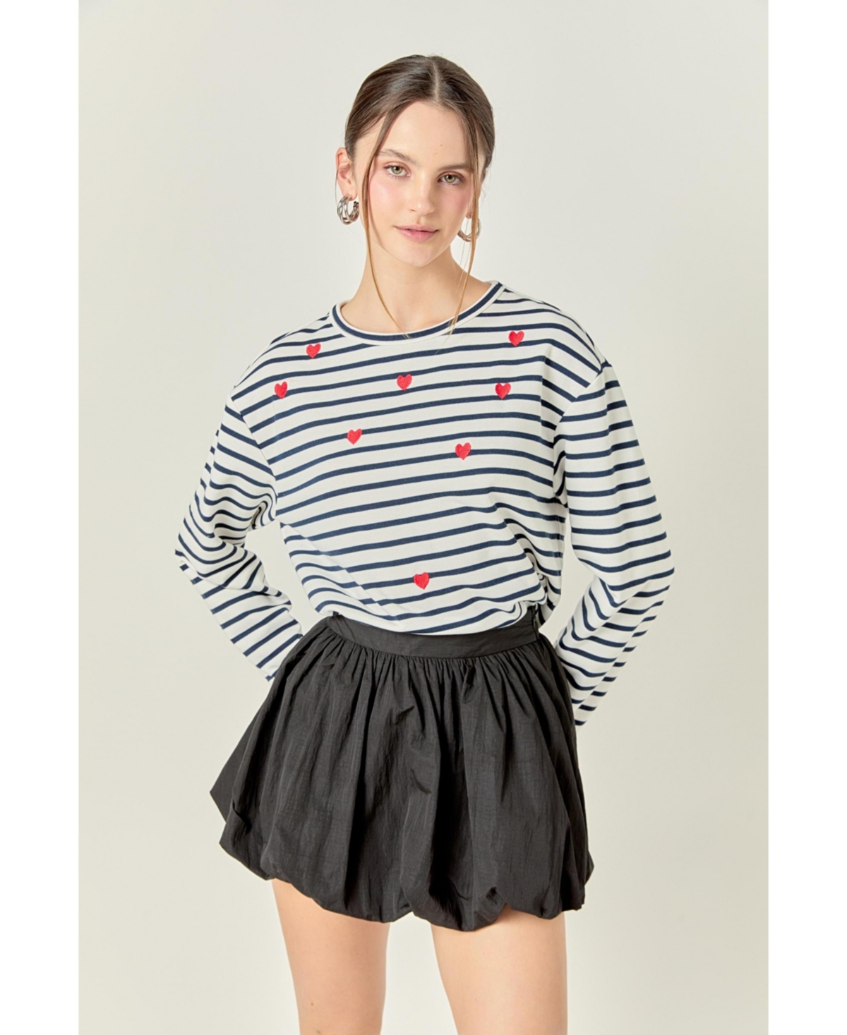 Women's Heart Embroidered Stripe T Shirt - White/navy