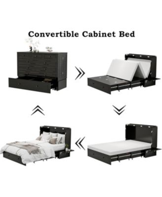 Black queen Murphy bed with 2 drawers, 2 shelves, 2 USB ports, and 2 charging ports. Ideal for guest rooms and home offices