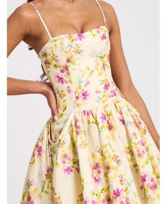 Women's Valda Yellow and Pink Print Linen Mini Dress with Pockets