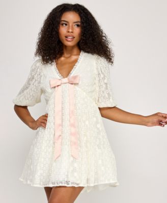 Juniors' Ruffled V-Neck Lace Dress