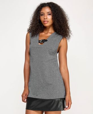 Juniors' Faux Leather Trim A-Line Dress