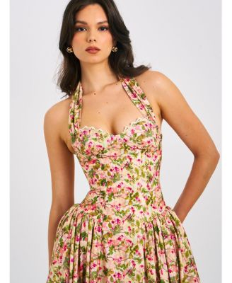 Women Niya Floral Print Linen Halter Corset Maxi Dress