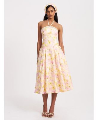 Women's Zaina Yellow Pink Floral Print Lace Trim Linen Midi Dress