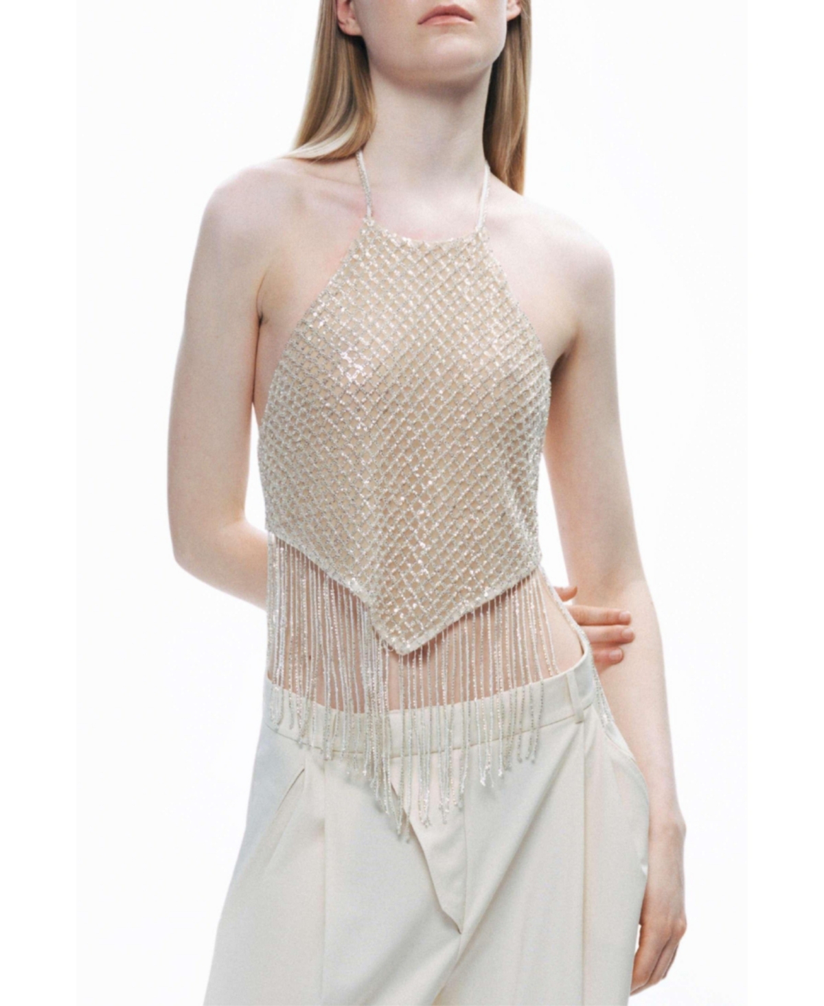 Women's Beaded Tassel Detailed Crop Top - Gold