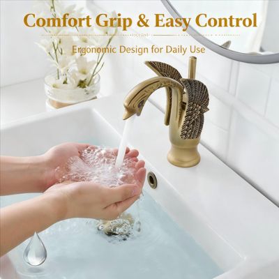 Swan Single Hole Single-Handle Bathroom Faucet And Pop Up Drain &amp; Overflow Cover in Antique Brass