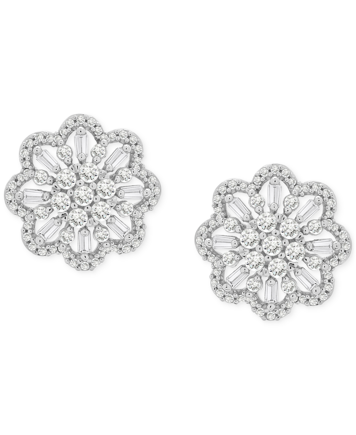 Diamond Round & Baguette Flower Stud Earrings (1 ct. t.w.) in 14k White Gold, Exclusively at Macy's - White Gold