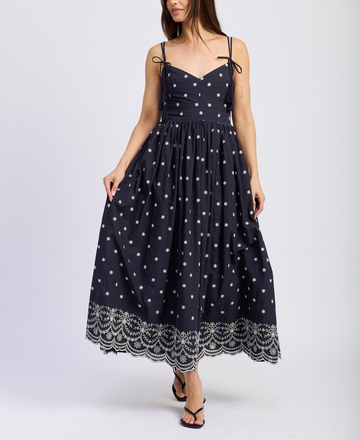 En Saison Nara Embroidery Detail Cotton Midi Sundress In Black