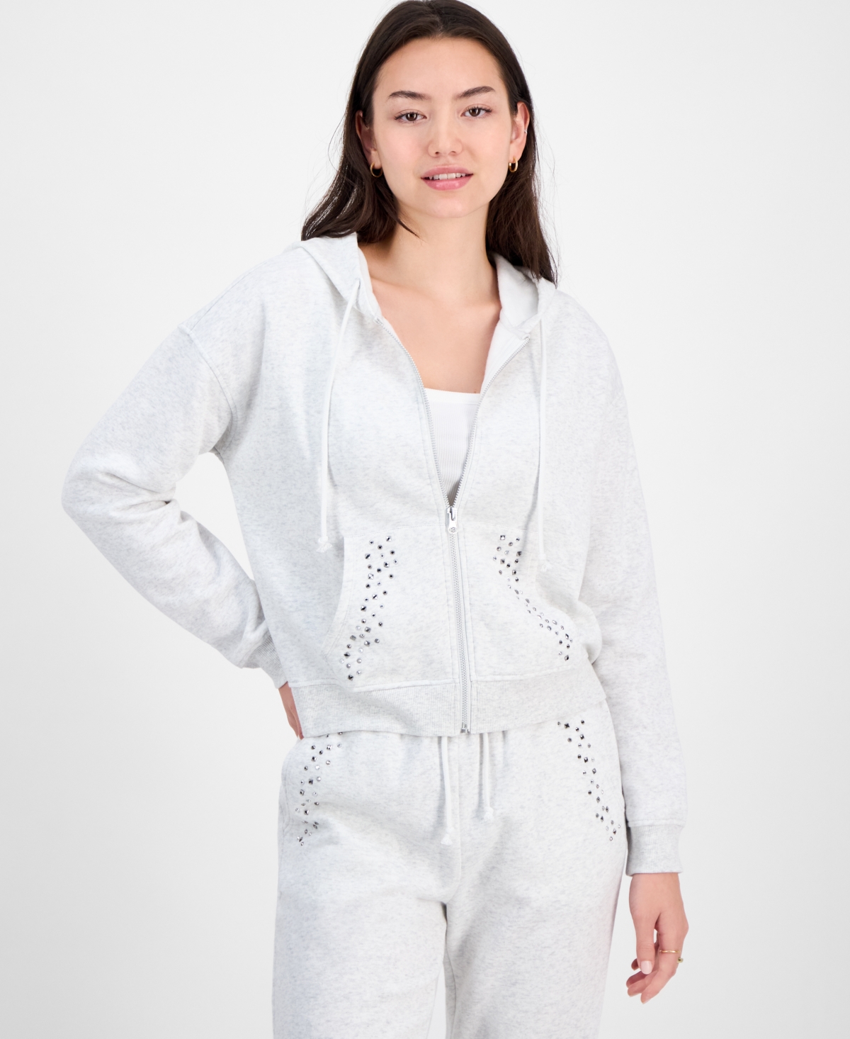 Planet Gold Planet Heart Juniors Novelty Fleece Zip Up Hoodie Novelty Flare Fleece Sweatpants In Gray