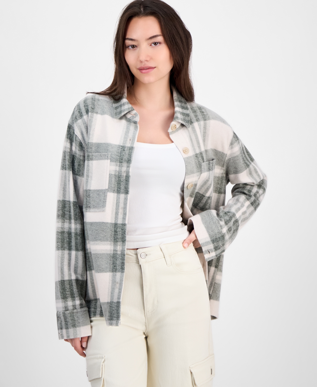 Just Polly Juniors' Plaid Button-front Shacket
