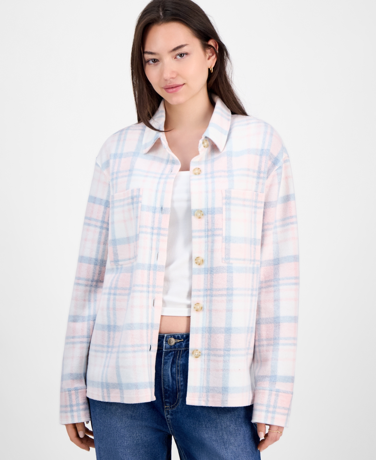 Just Polly Juniors' Plaid Button-front Shacket