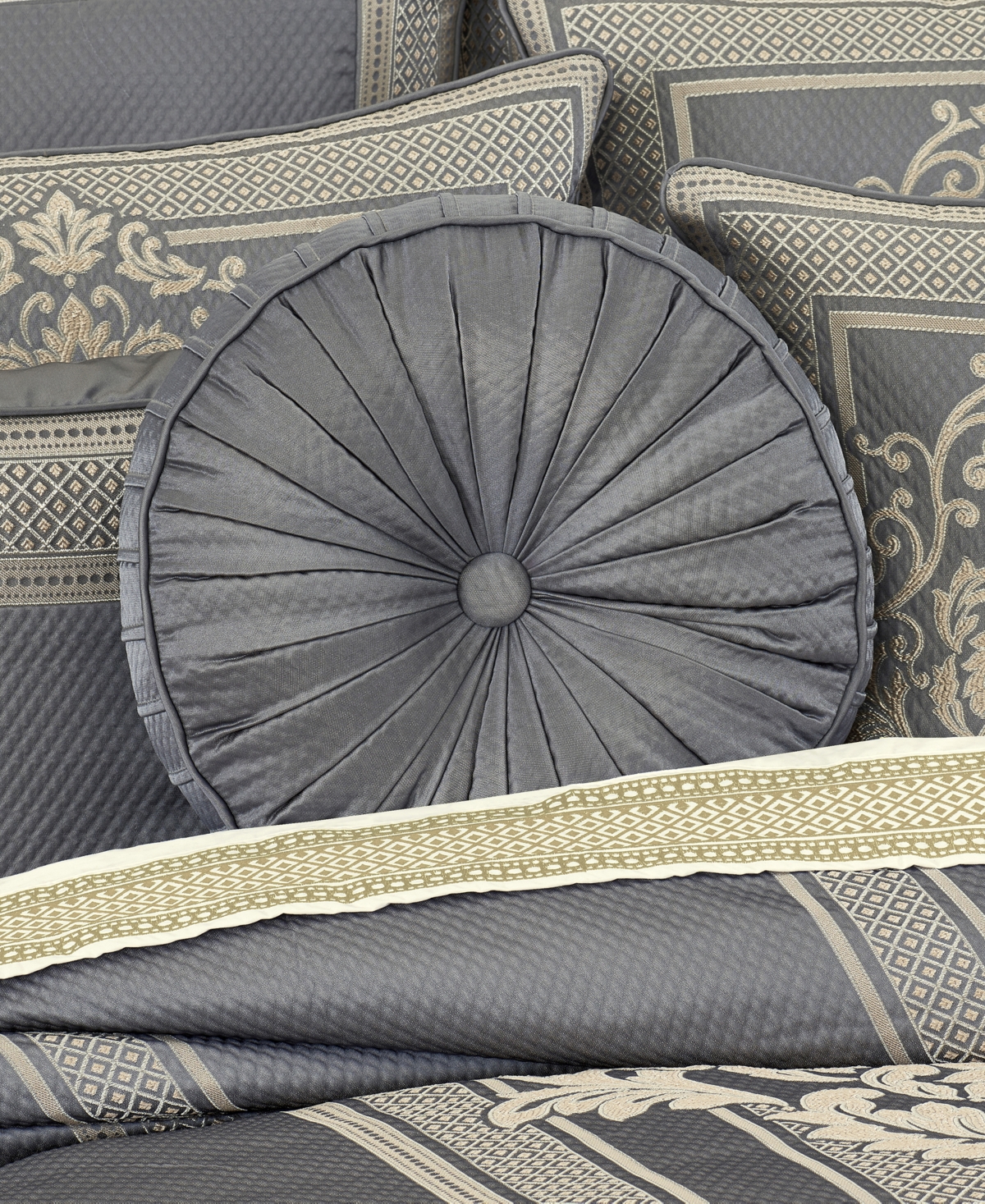 J Queen New York Excelsior Tufted Round Decorative Pillow, 15" Round In Gray