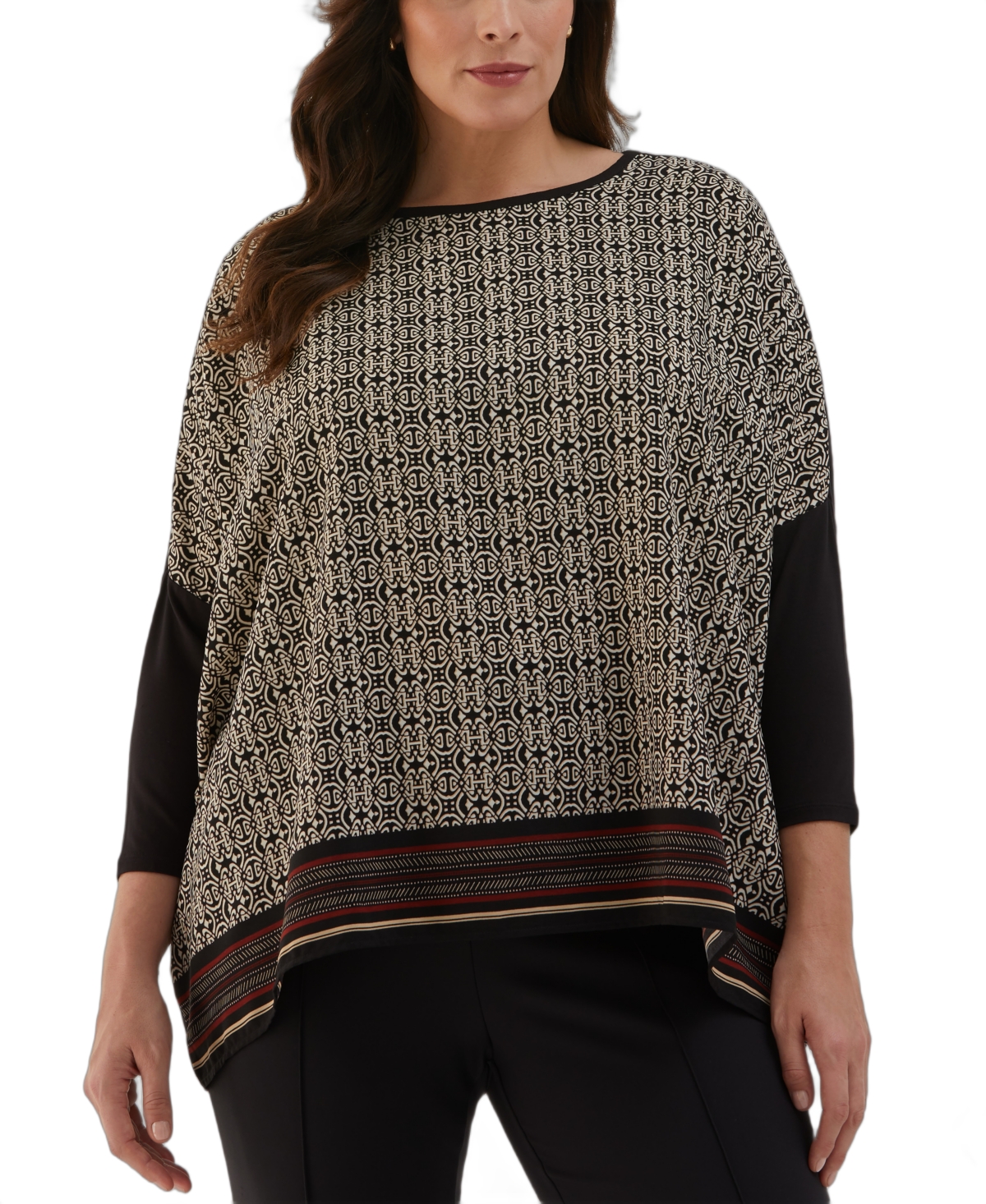 Plus Size Medallion Print Knit 3/4 Sleeve Top - Black
