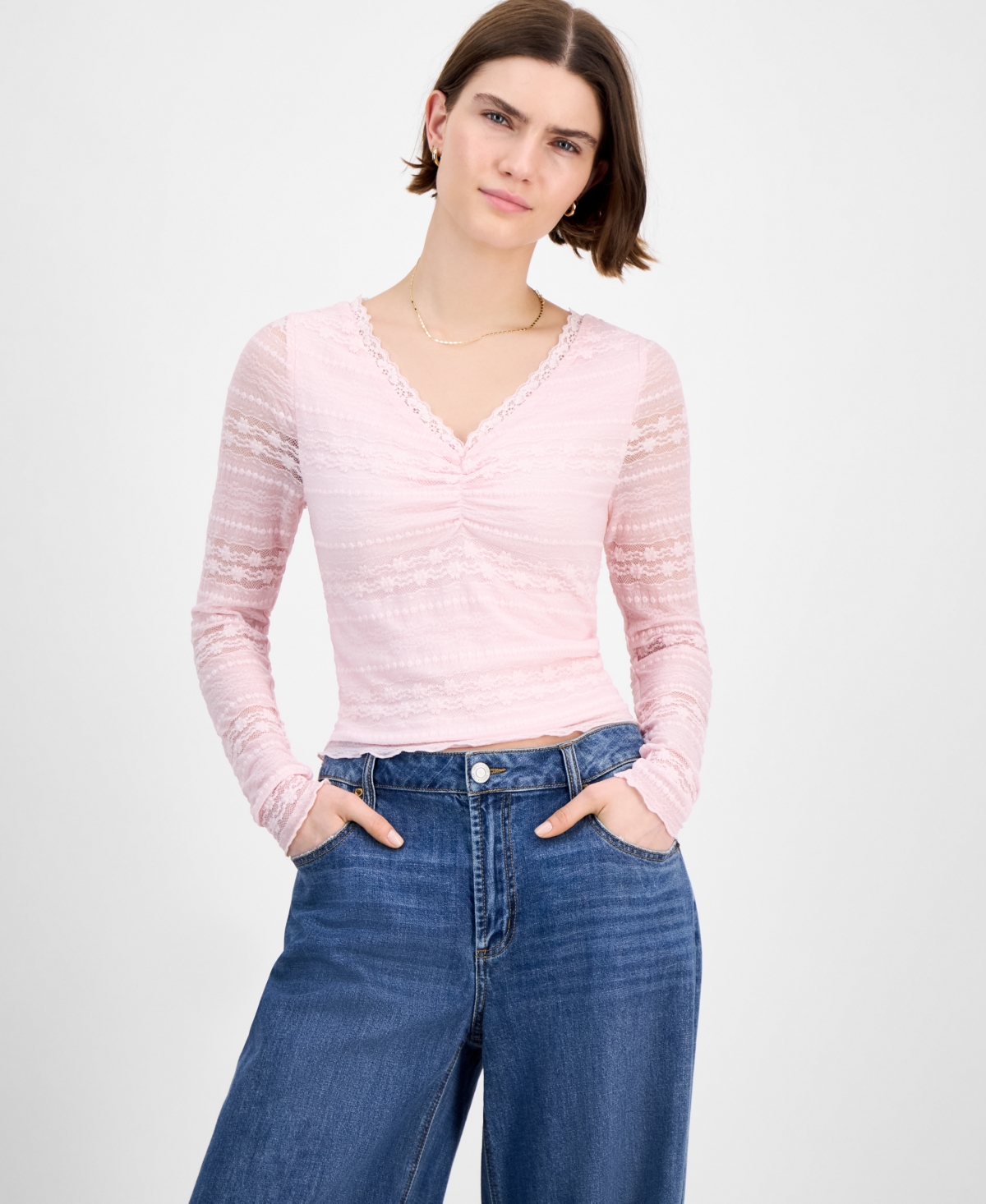 Celebrity Pink Juniors' Long-sleeve Lace V-neck Top In Pink
