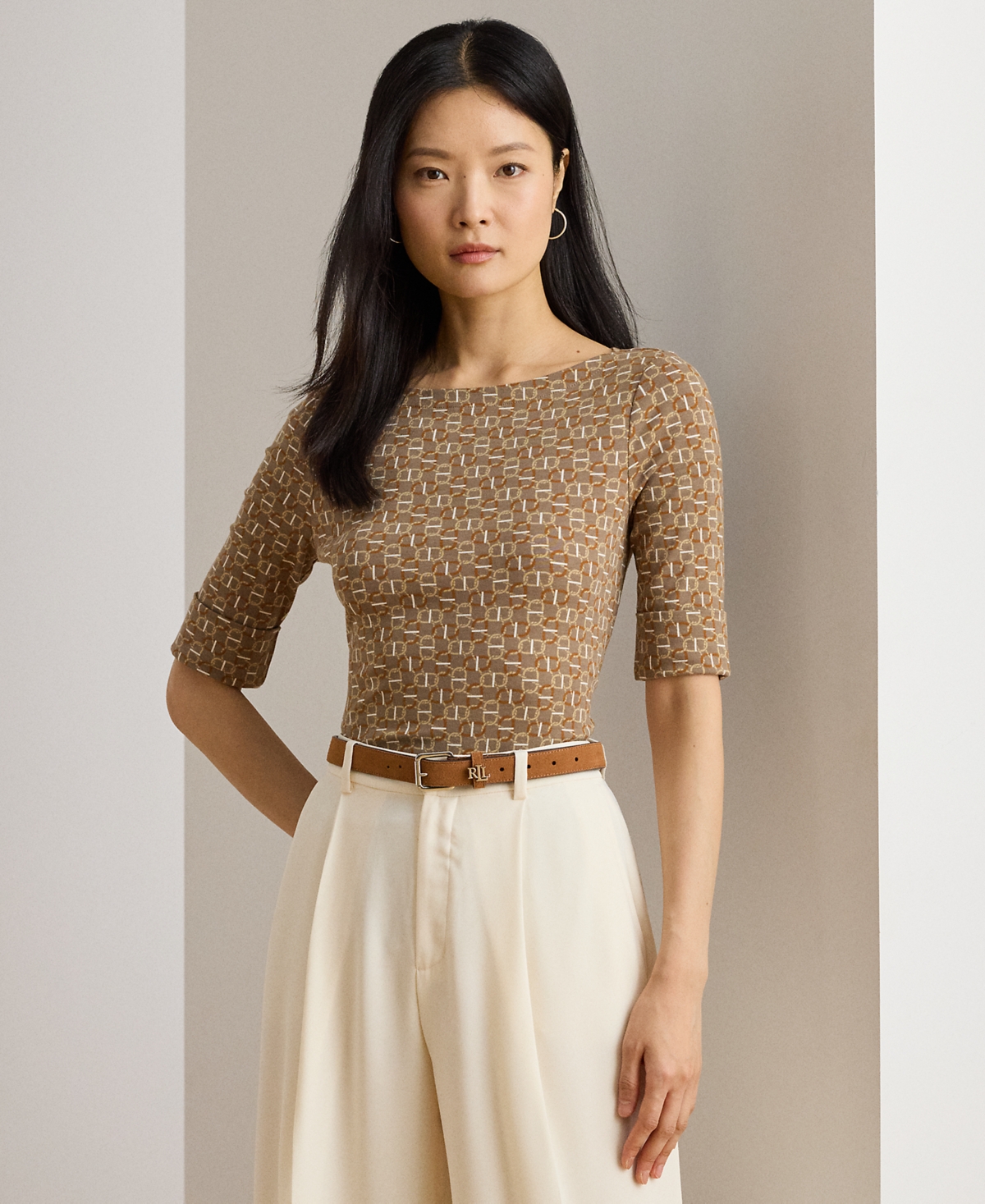 Ralph Lauren Petite Geo-print Stretch Cotton Boatneck Tee In Multi