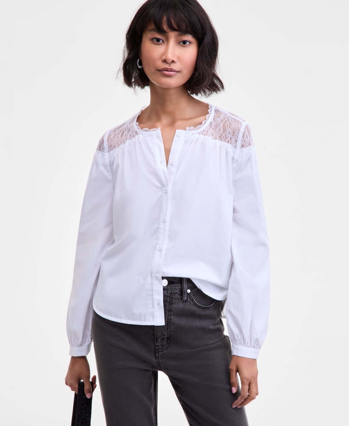 On 34th Women's Long Sleeve Lace-trim Blouse, Macy's Exclusive In White