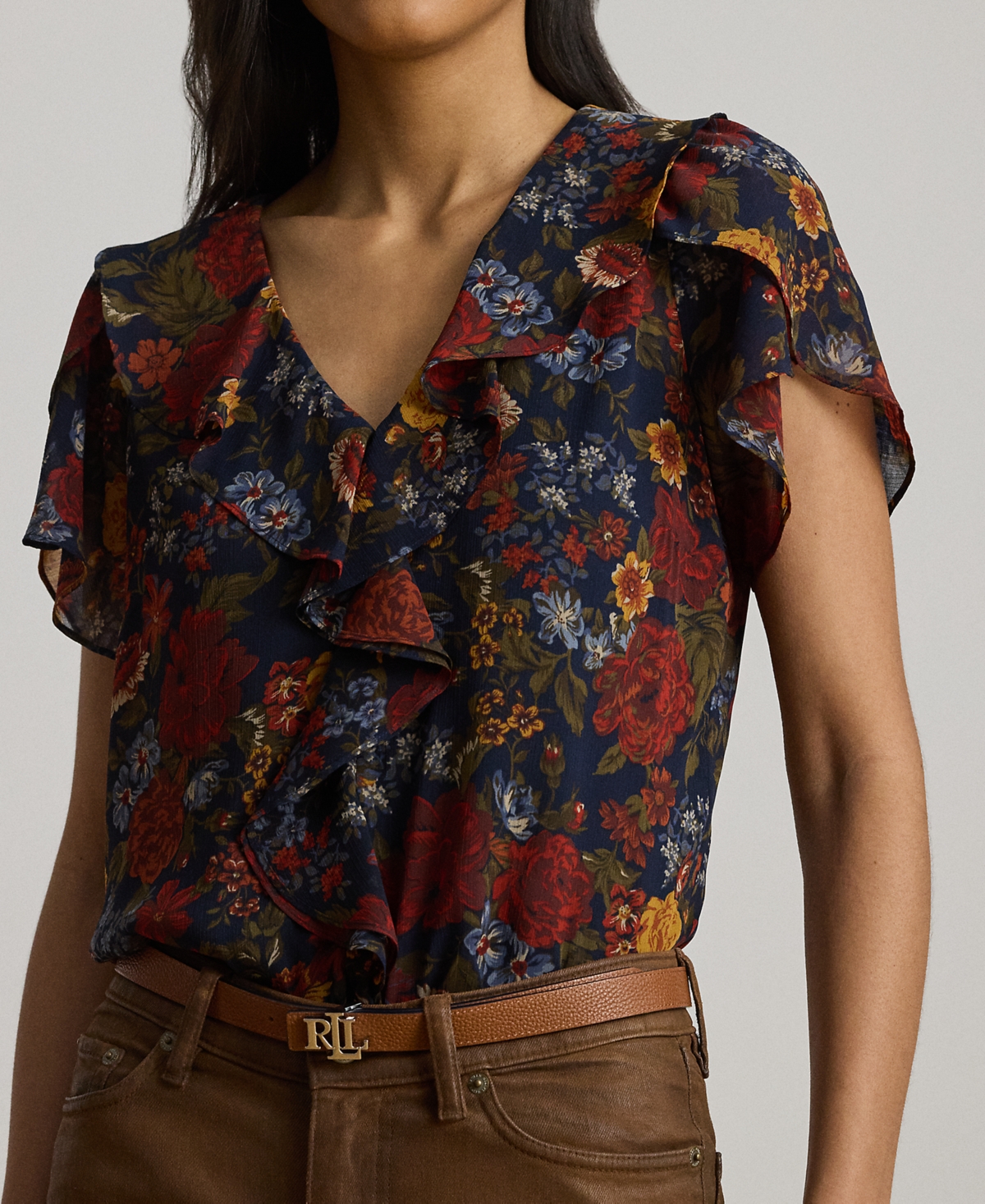 Lauren Ralph Petite Floral Ruffle-Trim Georgette Blouse