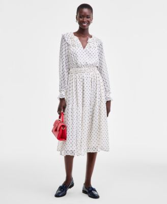 On 34th - Women's Dot-Print Ruffle-Trim Long-Sleeve Dress