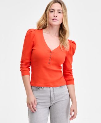Women's Puff-Shoulder Long-Sleeve Henley T-Shirt