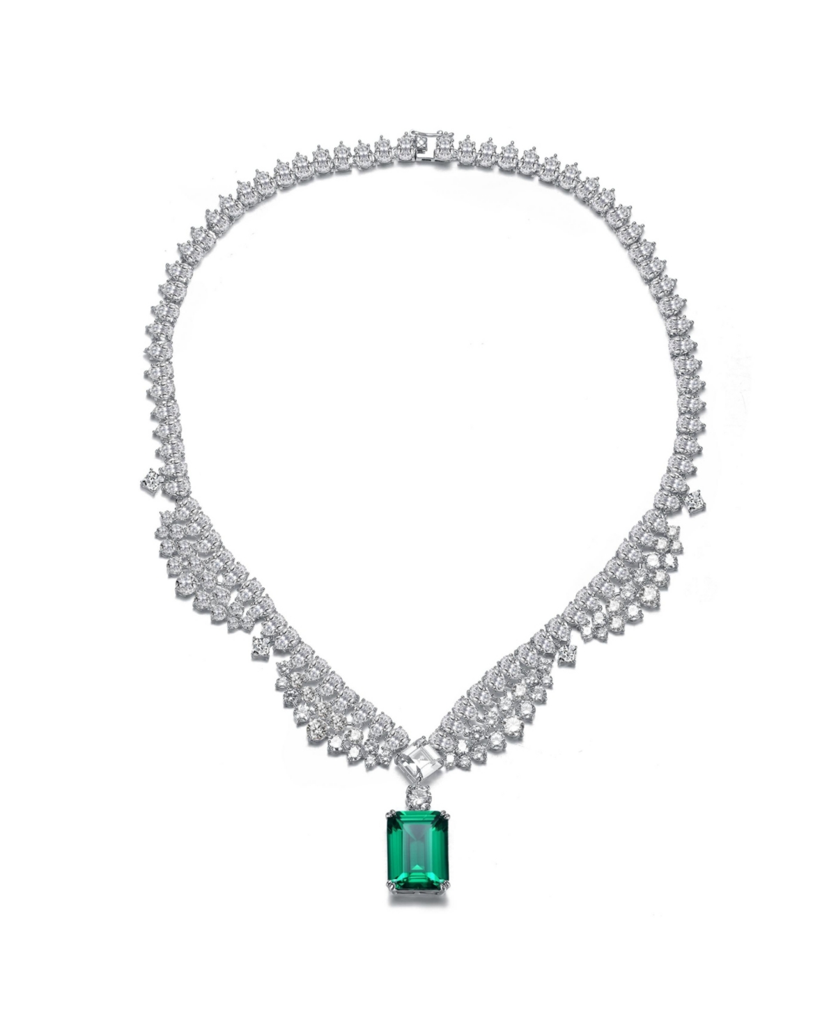 White Gold Plated with Rectangular Green Cubic Zirconia Pendant Necklace - Green