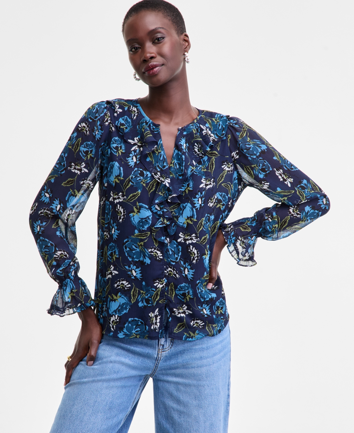 On 34th Women's Printed Ruffle Chiffon Blouse, Macy's Exclusive In Blue