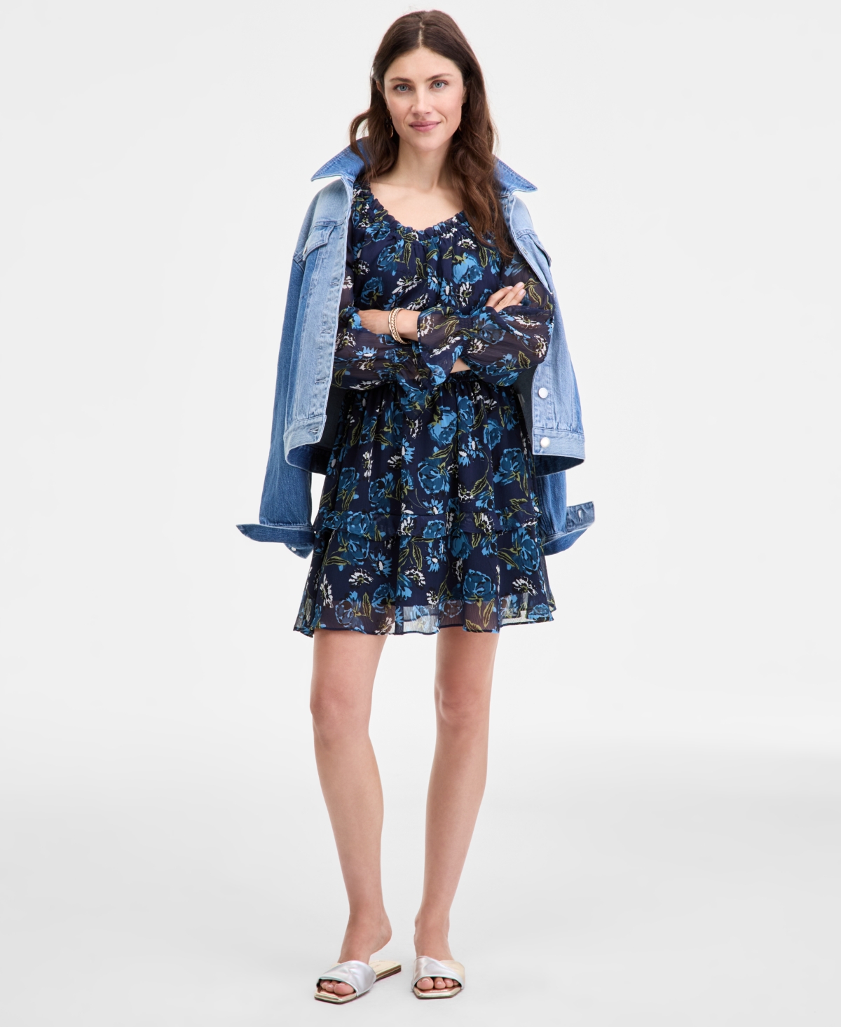 On 34th Women's Printed Smocked Ruffle Chiffon Mini Dress, Macy's Exclusive In Blue