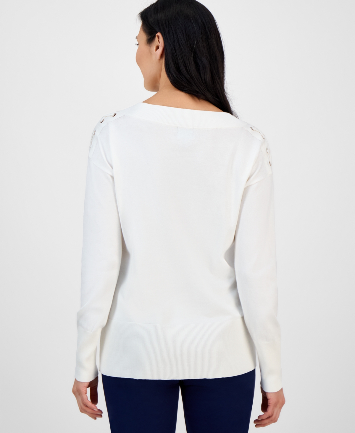 Jm Collection Petite Lace-up Shoulder V-neck Sweater, Macy's Exclusive In Neutral