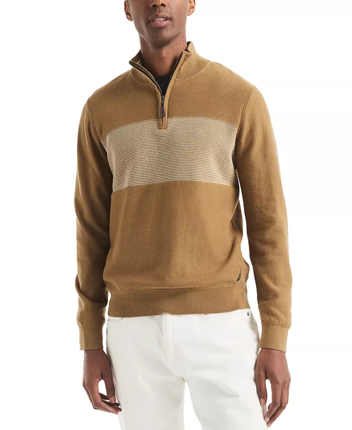 Men's Textured Quarter-Zip Colorblocked Sweater
