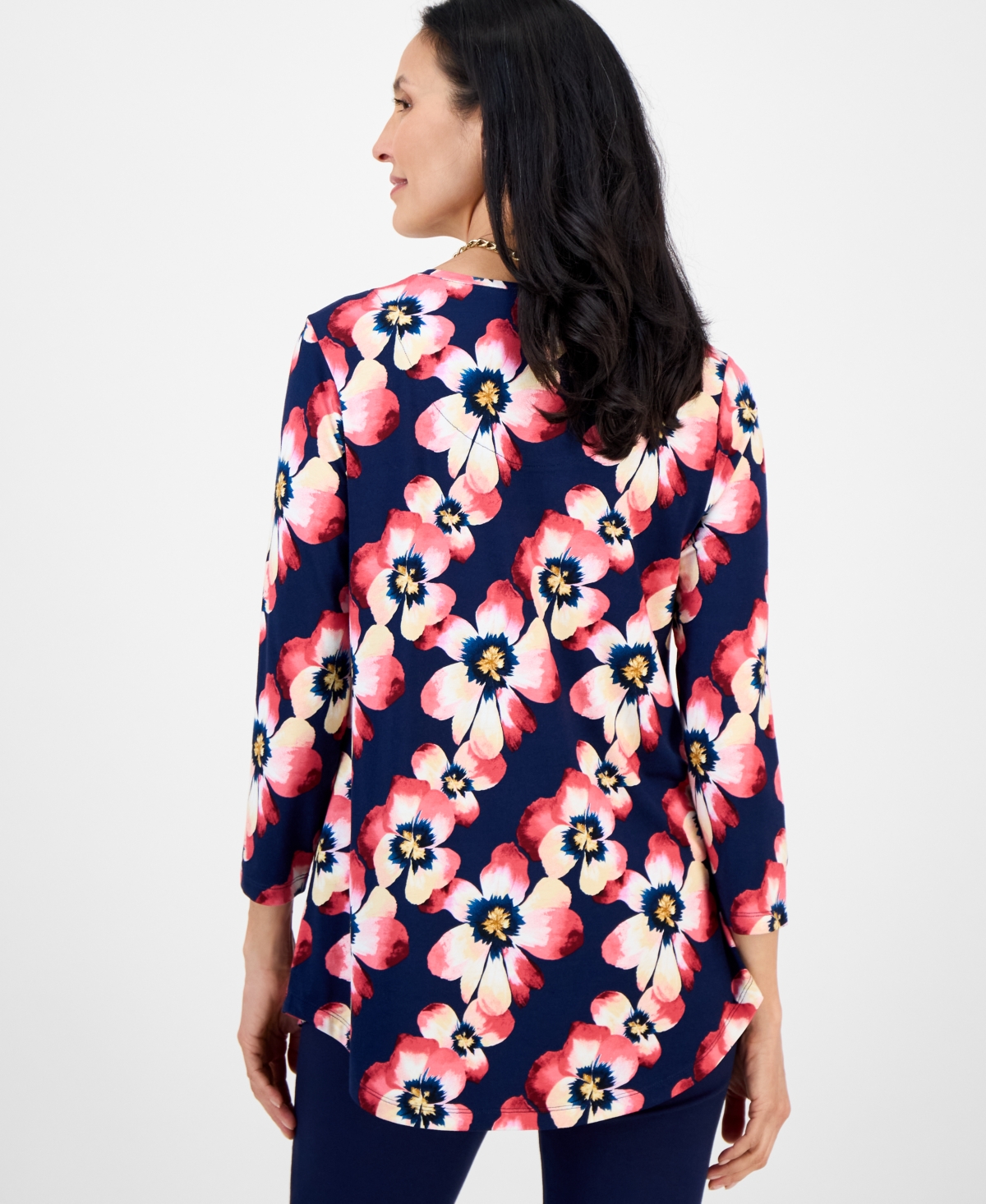 Jm Collection Women's Printed Scoop-neck 3/4-sleeve Top, Exclusively At Macy's In Blue