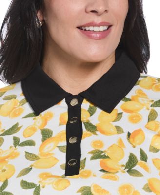 Plus Size Lemon Print Buttoned Elbow Length Sleeve Polo T-Shirt