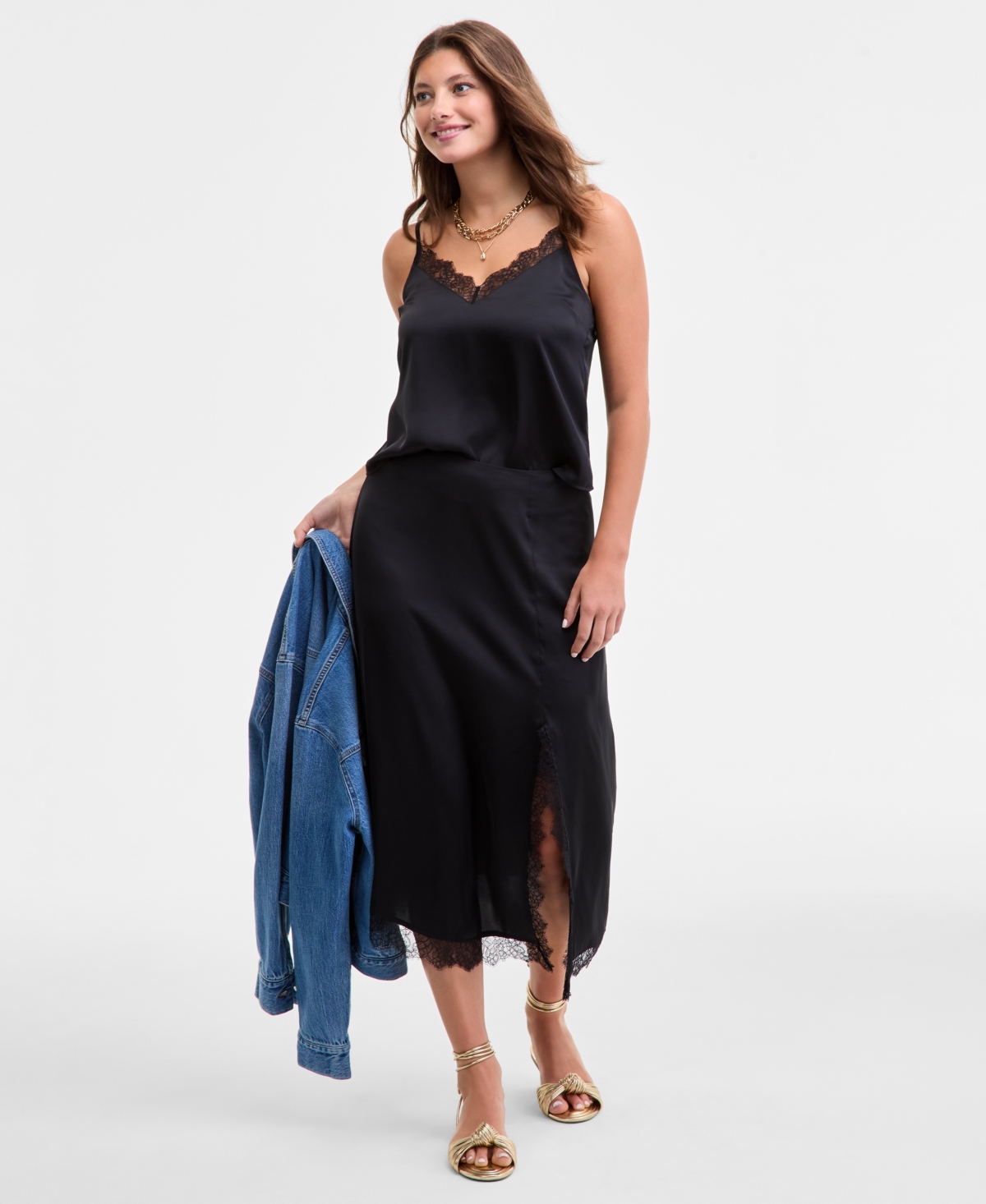 On 34th Womens Lace Trim Tank Lace Trim Slip Skirt Macys Exclusive In Black