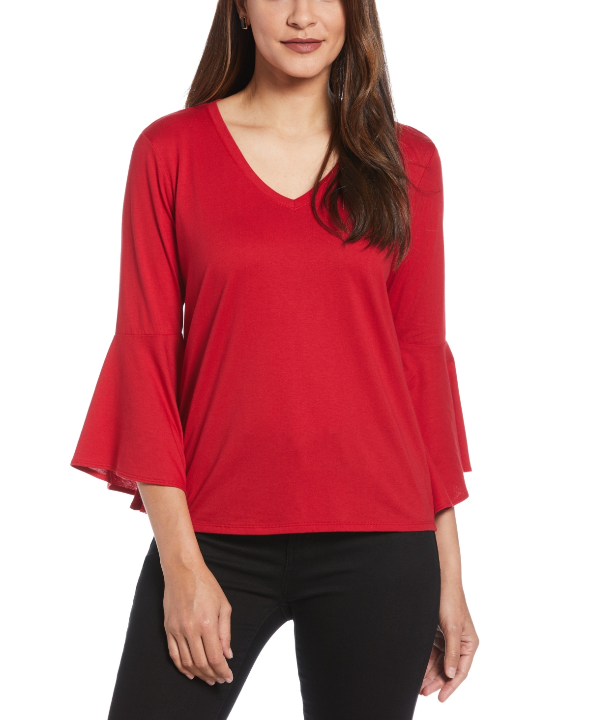 Petite Knit V-Neck Ruffle Long Sleeve Top - Ruby