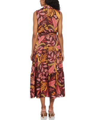 Petite Leaf Print Belted Sleeveless Dress