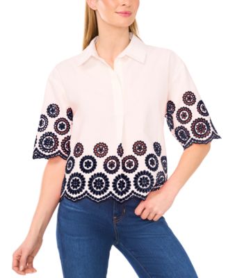CeCe - Women's Contrast Embroidered Cotton Collared Shirt