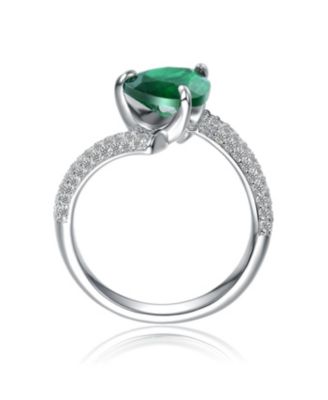 White Gold Plated with Green Pear-Shaped Cubic Zirconia Bypass Ring