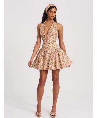 Women's Mackenzie Green and Pink Floral Print Halter Linen Mini Dress