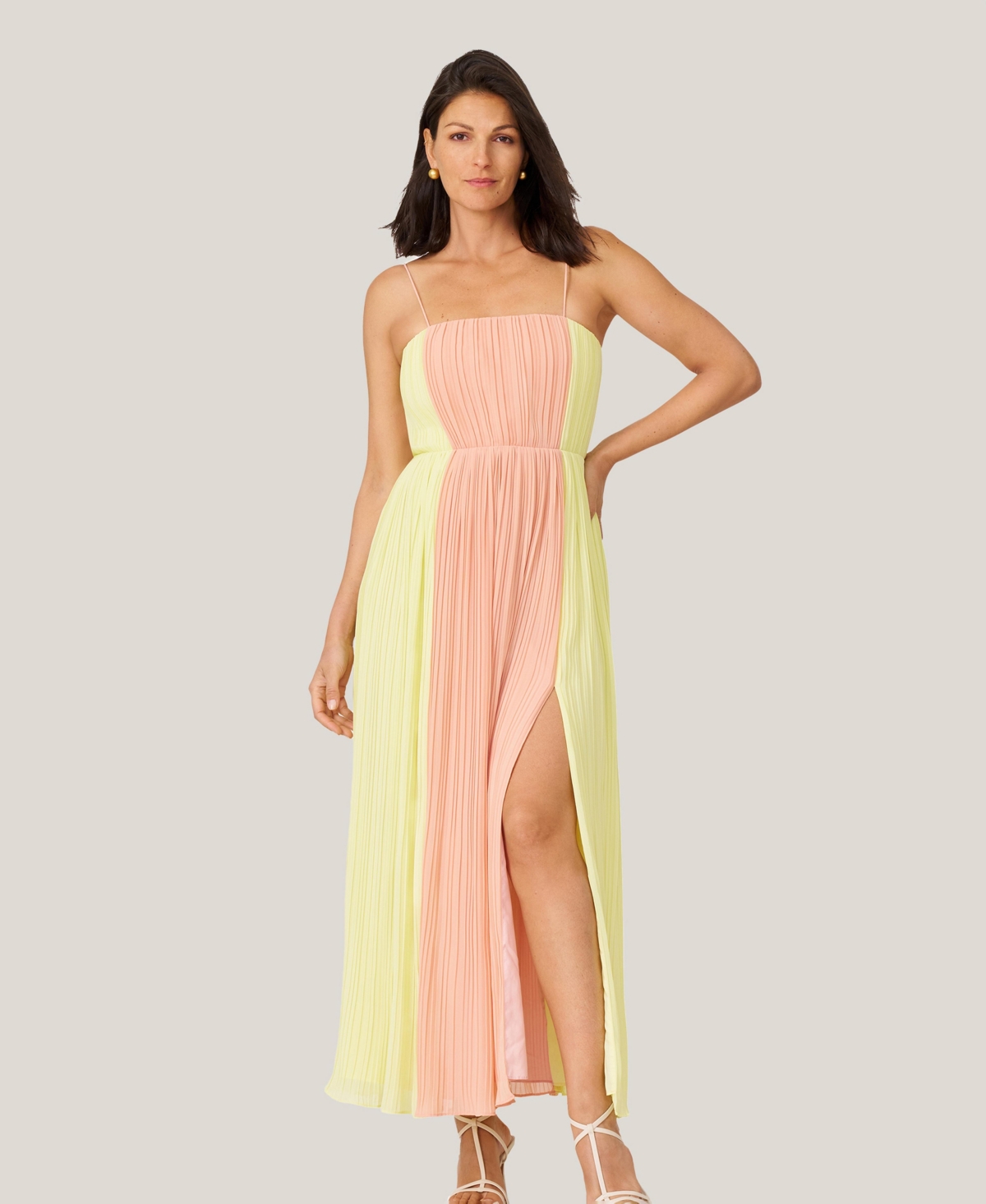 Women's Pleated Color Block Midi Dress - Dust pink and lime green