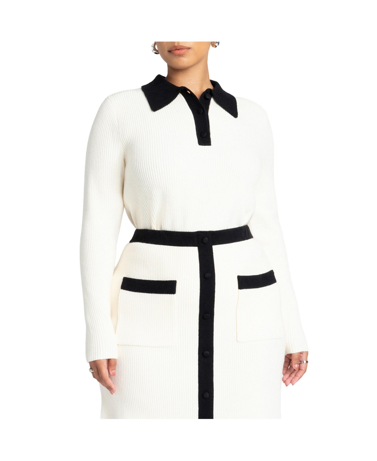 Women's Henley Collared Sweater - Cream and black onyx